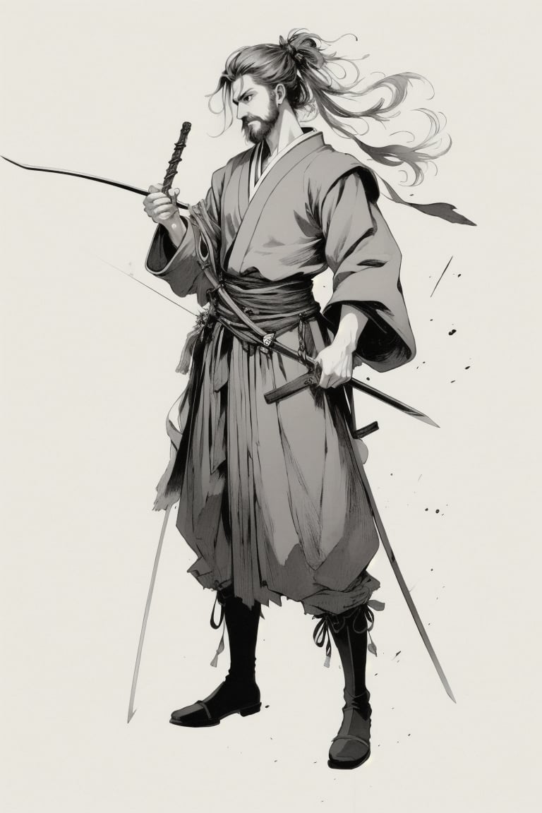 ((HRD, HUD, 8K)),((masterpiece, best quality)), highly detailed, soft light,InkAndWash, weapon, solo, 1boy, male focus, holding, holding weapon, facial hair, monochrome, beard, bow (weapon), long hair, full body, sword, arrow (projectile), long sleeves, torn clothes, standing, japanese clothes, ponytail, arm guards, holding bow (weapon), holding sword, wide sleeves, hakama, closed mouth, sheath, simple background, mustache, ﻿ <lora:20240415-1713175931242:0.8>