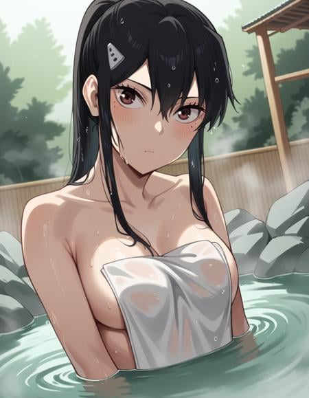 score_9, score_8_up, score_7_up, source_anime, <lora:mina-ashiro-s1-ponyxl-lora-nochekaiser:1>, mina ashiro, long hair, black hair, hair ornament, brown eyes, ponytail, mole, mole under eye,, nude, naked, outdoors, onsen, towel, naked towel, steam, bathing, nude cover, partially submerged, water, bath, steam censor, wet towel, blush, looking at viewer, solo,, cowboy shot, dutch angle