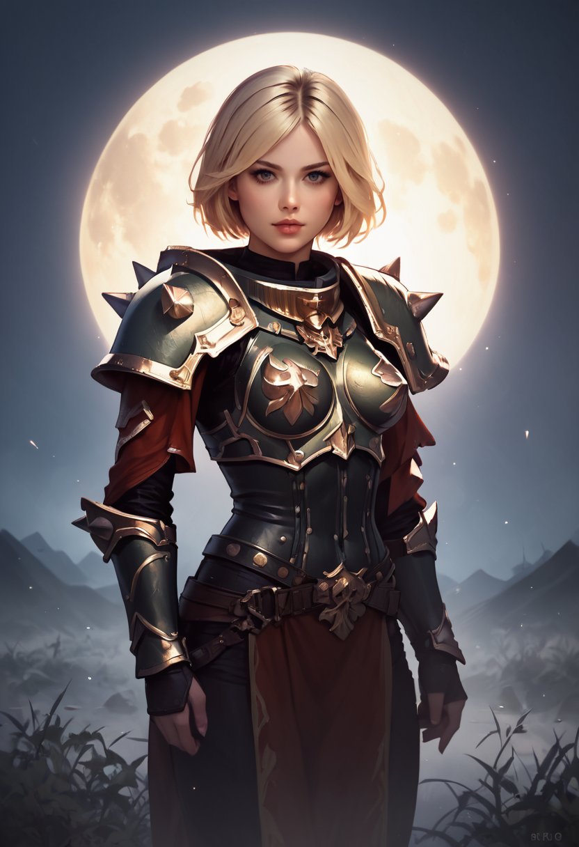 score_9, score_8_up, score_7_up,source_anime,anime coloring,perfect anatomy,cinematic_shadow,BREAK <lora:PonyCreativefantasy:1>creativefantasy,night, 1girl, armor, solo, shoulder armor, pauldrons, short hair, blonde hair,  breastplate, spikes, looking at viewer, realistic,cowboy shot, 