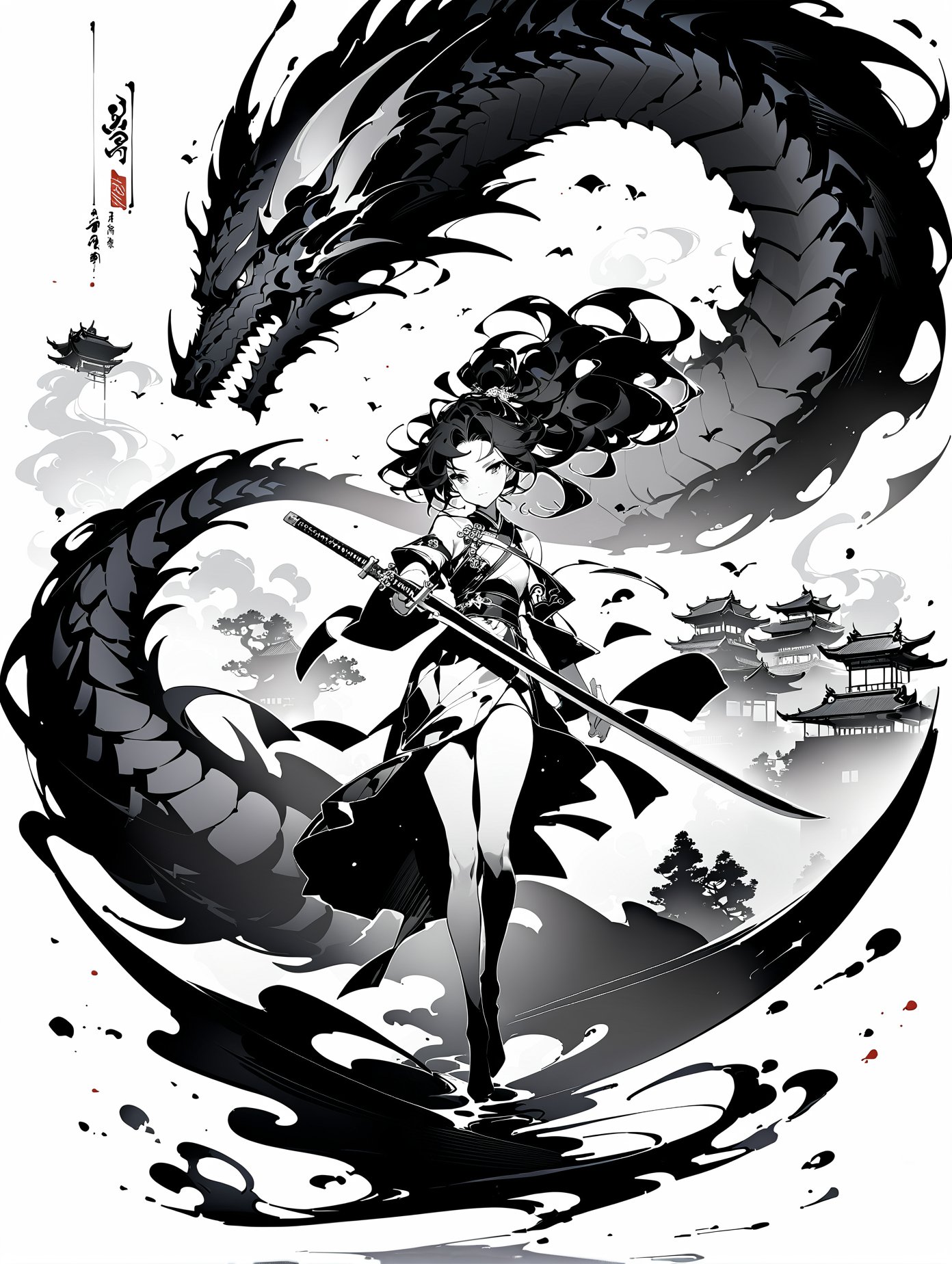 masterpiece,best quality,ink painting,Black and white,masterpiece,best quality,((a chinese girl holds a long sword,a big dragon in the back ground,))detailed face,full body,messy floating hair,disheveled hair,perfect hands,<lora:Multiple styles_XL 1.0:0.8>,