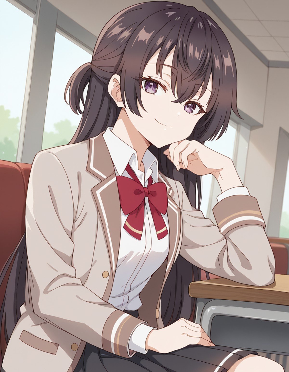 score_9, score_8_up, score_7_up, source_anime, <lora:yuki-suou-alpha-ponyxl-lora-nochekaiser:1>, yuki suou, long hair, bangs, brown hair, black hair, hair between eyes, purple eyes, half updo,, shirt, bow, school uniform, jacket, white shirt, collared shirt, bowtie, red bow, blazer, red bowtie, black skirt, pleated skirt,, indoors, smile, looking at viewer, solo, sitting, head rest,, cowboy shot, dutch angle