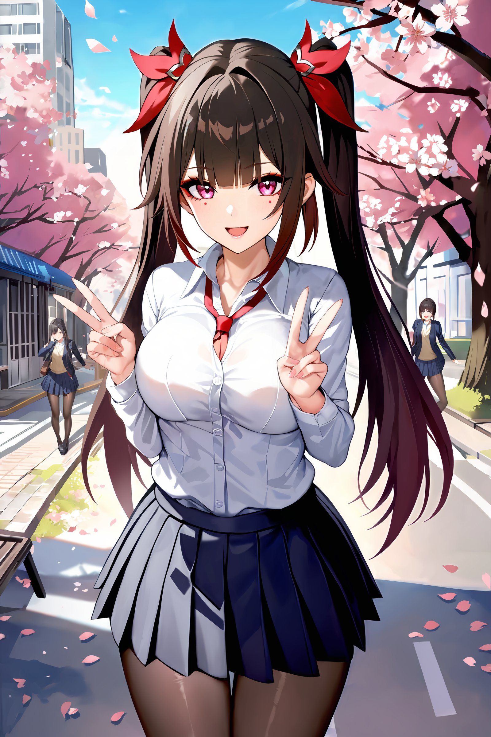 masterpiece, best quality, illustration, highres, ultra-detailed, 1girl, sparkle \(honkai: star rail\), twintails, solo, school uniform, white shirt, sweater, pleated skirt, pantyhose, light smile, double v, looking at viewer, smile, open mouth, outdoors, street, cherry blossoms, petals, depth of field <lora:Char-HonkaiSR-Sparkle-XL-V1:0.9>