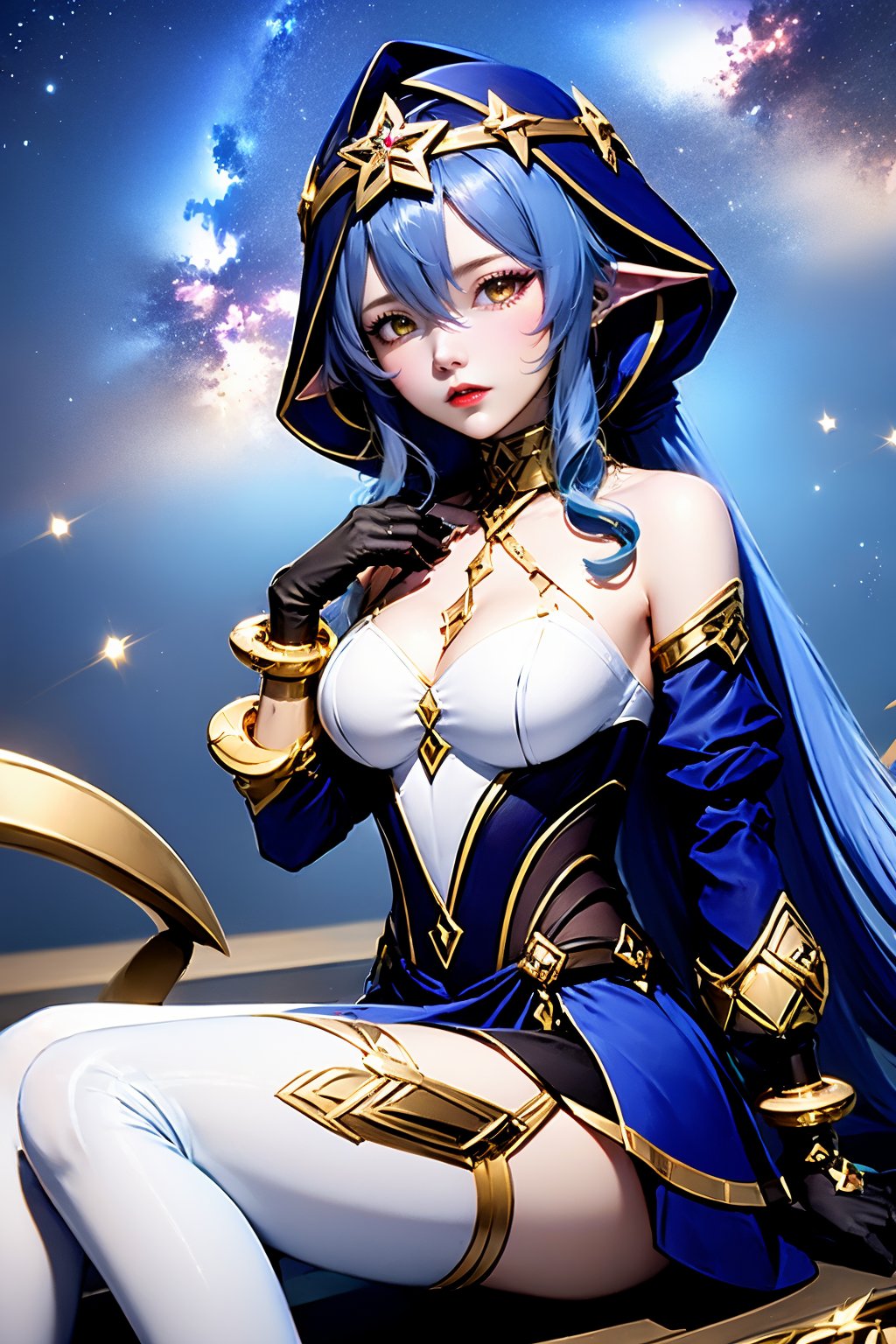 1girl, solo, layla \(genshin impact\), claw ring, breasts, gloves, long hair, blue hair, black gloves, pointy ears, blue hood, looking at viewer, sidelocks, sitting, thighlet, bare shoulders, yellow eyes, hair between eyes, detached sleeves, jewelry, very long hair, hood, drill hair, sky, parted lips, drill sidelocks, long sleeves, puffy sleeves, neck ring, medium breasts, star \(sky\), white pantyhose, hood up, starry sky, bracelet, thighhighs, skirt, black skirt, thighs, night, pantyhose, night sky, white thighhighs, arm support, hand up, juliet sleeves, bags under eyes, gold trim, lips, gold choker, twintails, twin drills, blue sleeves, puffy long sleeves, cleavage, red lips