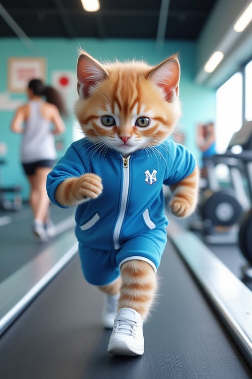 In a modern fitness center, a little kitten is running on a treadmill. The kitten is wearing a sporty blue tracksuit and a pair of white sneakers. Its fur is a beautiful golden color with black stripes. The kitten has a concentrated expression, its eyes fixed ahead. Around it, other people are also engaged in various workouts. The fitness center is filled with the hum of machinery and the sound of people's breathing. The walls are painted in bright colors and there are motivational posters everywhere. The large windows let in natural light. The kitten seems to be in high spirits as it keeps up its pace on the treadmill, just **** a dedicated human athlete. Super realistic, photography, super details.