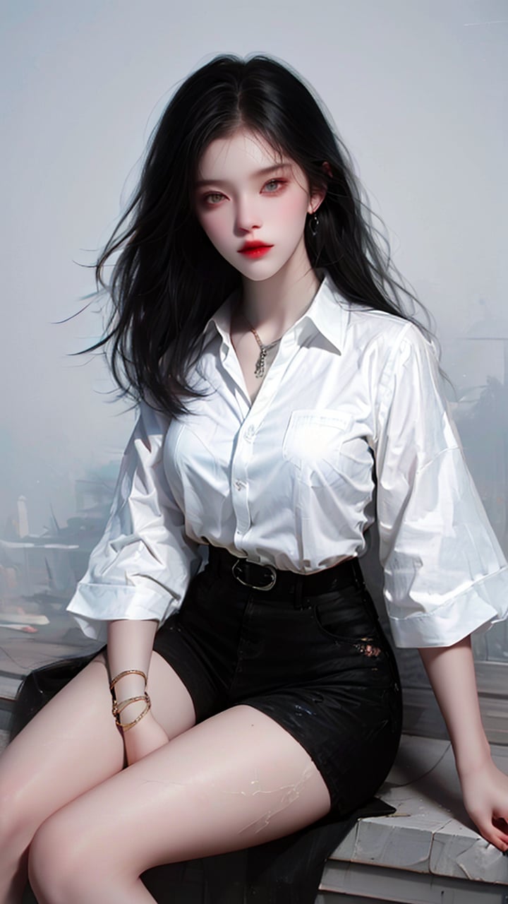 1girl, solo, black hair, long hair, shorts, sitting, looking at viewer, shirt, realistic, white shirt