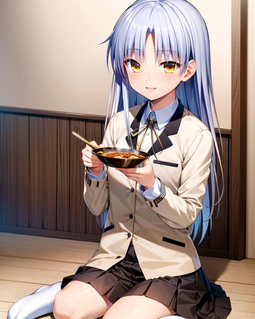 ((masterpiece)), ((best quality)), ((highres)), ((extremely detailed CG unity 8k wallpaper)), solo, <lora:tachibana kanade:1>, tachibana kanade, tan school uniform, black skirt, white socks, curtained hair, silver hair, cafeteria, mapo tofu, smile, sitting