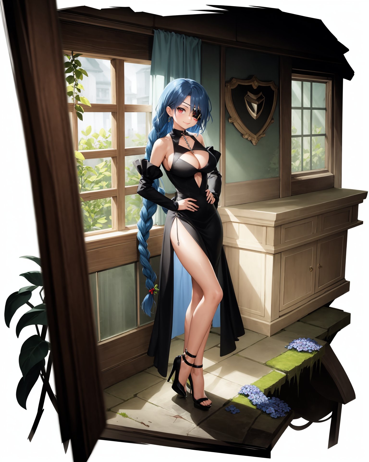 [(white background:1.5), ::2]1girl, solo, (isometric:0.75), 1girl, long hair, solo, breasts, scar on leg, eyepatch, hands on hips, scar, blue hair, red eyes, cleavage, dress, braid, purple flower, very long hair, flower, large breasts, jewelry, full body, earrings, hair between eyes, high heels, smile, single earring, detached sleeves, black dress, looking at viewer, cleavage cutout, closed mouth, bare shoulders, chain, clothing cutout, overgrown, ruins, window, sunlight, scenery, blurry foreground, indoors, plant, blurry, broken window, depth of field, light rays, moss