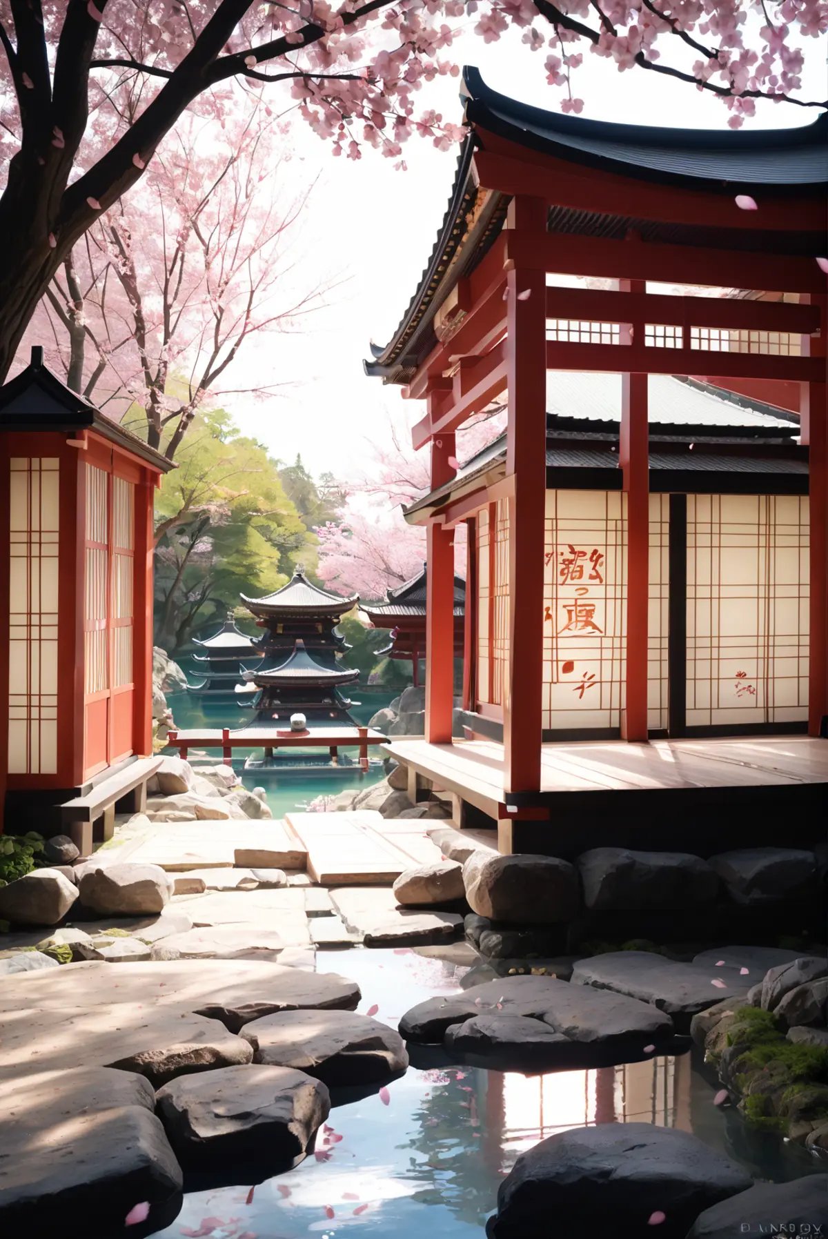 zPDXLrl, serene Japanese garden, cherry blossoms in full bloom, koi pond, footbridge, pagoda, pastel color scheme, soft lighting, golden hour, tranquil atmosphere, landscape orientation (zPDXL)