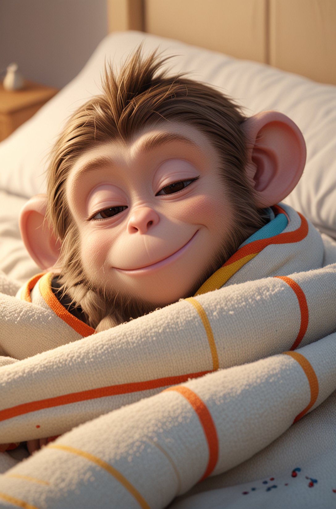 Cute cartoon style of a adorable little colourful Monkey, snuggled, curled up, smiling, sleeping with a little blanket, tiny bedroom, on a bed under the blanket, ethereal, soft, detailed, beautiful, cosy, cute, Pixar, snoozing, 3D render, UHD