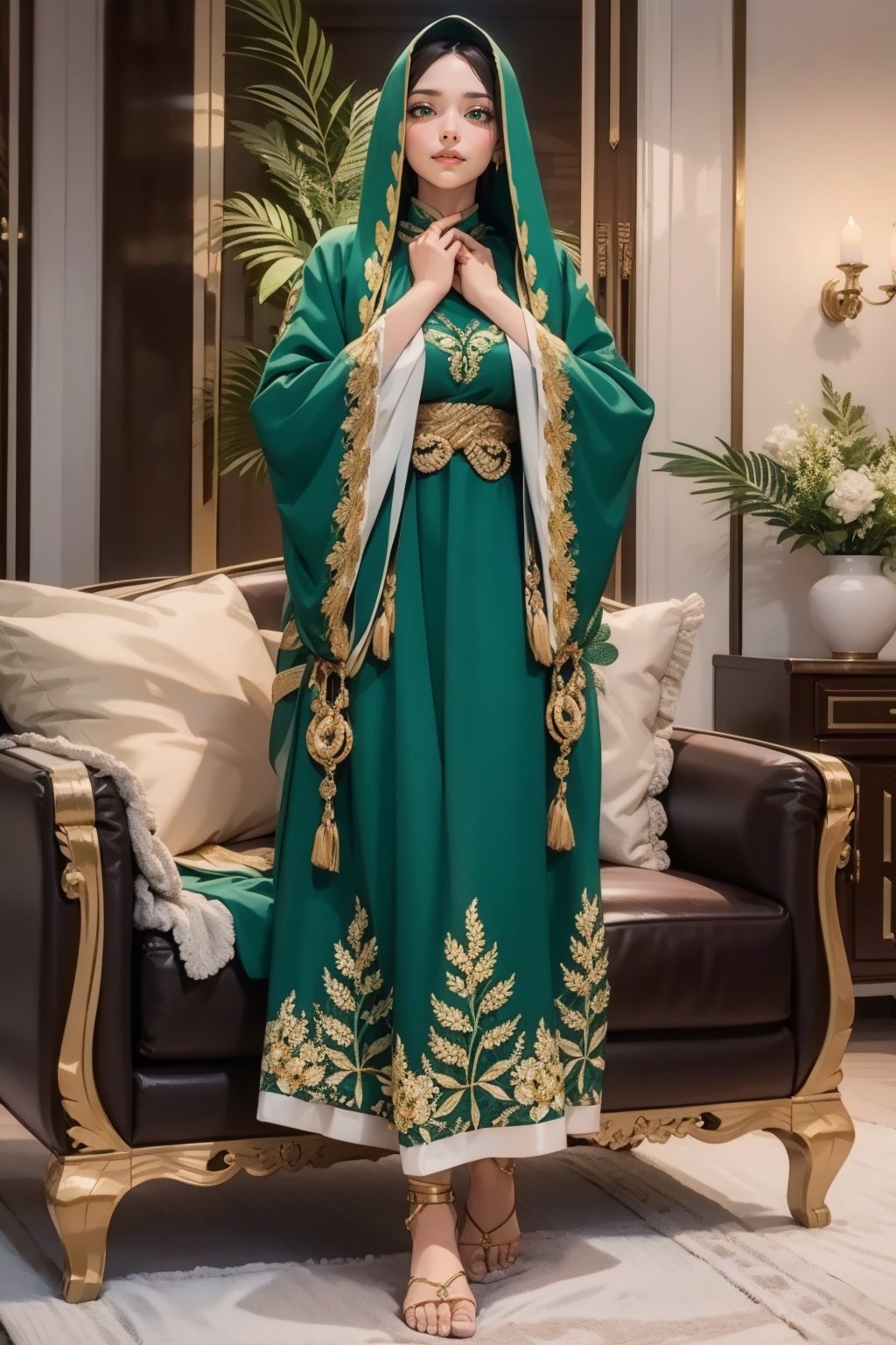 masterpiece, best quality, <lora:age_slider_v20:1>  <lora:detail_slider_v4:2> 1girl, BurqaDr3ss, long sleeves dress, full body, hood, wide sleeves, hood up, green dress, <lora:BurqaDr3ss:0.7> 