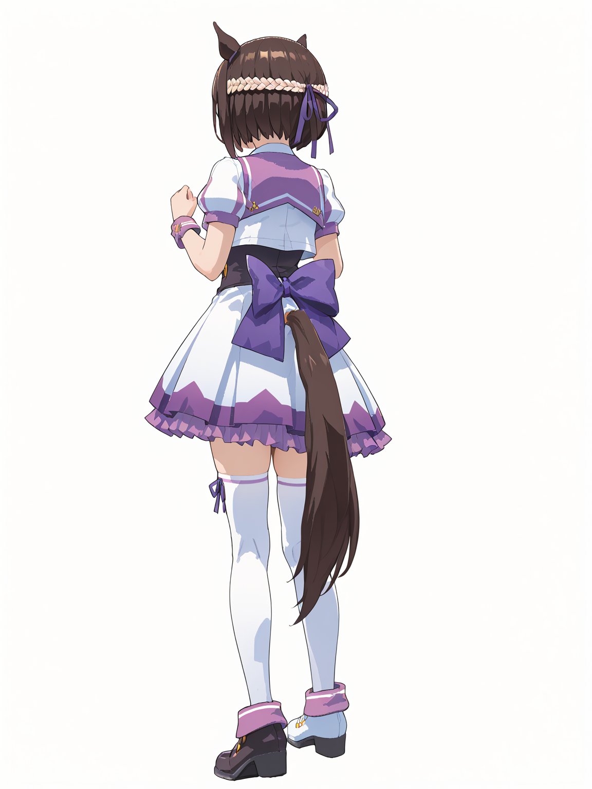 <lora:Special_Week_v1.0_Cibitai:0.8>,special week, horse girl, horse ears, horse tail, purple eyes, hair bow, short hair, crown braid, brown hair, two-tone hair, multicolored hair, white jacket, open jacket, vest, skirt, white thighhighs, short sleeves, puffy sleeves, purple ribbon on back waist,asymmetrical shoes,white background,1girl,solo,full body, standing,from behind, score_9, score_8_up, score_7_up,source_anime