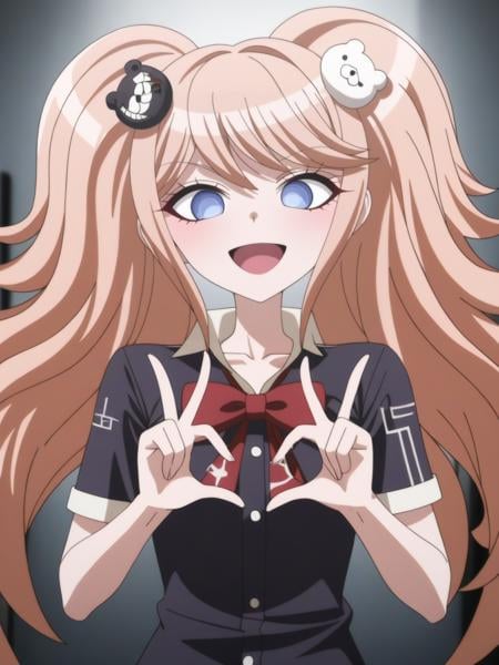 best quality,masterpiece,highres,absurdres,1girl,solo,newest,rating: general, <lora:JunKo_XL:1> ,(junko, long hair, blue eyes, twintails, enoshima junko, bangs, shirt, hair ornament, bear hair ornament, bow, looking at viewer),^_^,double peace sign,peace sign,