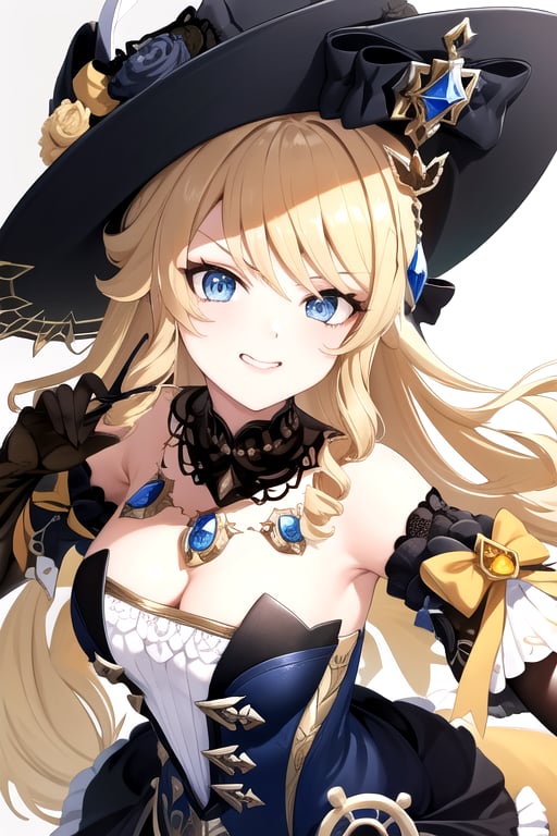 masterpiece, best quality, 1girl, GINavia, breasts, bangs, blue eyes, blonde hair, dress, cleavage, strapless, detached sleeves, black gloves, witch hat, gem, jewelry, hair bow, cowboy shot, looking at viewer, dynamic pose, smug, sunglasses, v, portrait,   