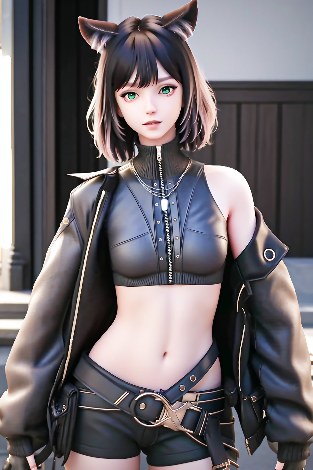 (best quality,masterpiece:1.2),ultra detailed,8k,RAW photo,realistic,photorealistic,ultra-detailed,intricate detail,extremely detailed,delicate pattern,looking at viewer,<lora:C_黑桃_AUG:0.7>,1girl, solo,  ht,animal ears, short hair,  black hair, bangs, green eyes,necklace, black jacket, crop top,  open jacket,  zipper, pouch, open clothes, sleeves past wrists,   long sleeves,  off shoulder, fingerless gloves,    midriff, navel,  black shorts,   belt,   bike shorts, thigh strap, black thighhighs,   