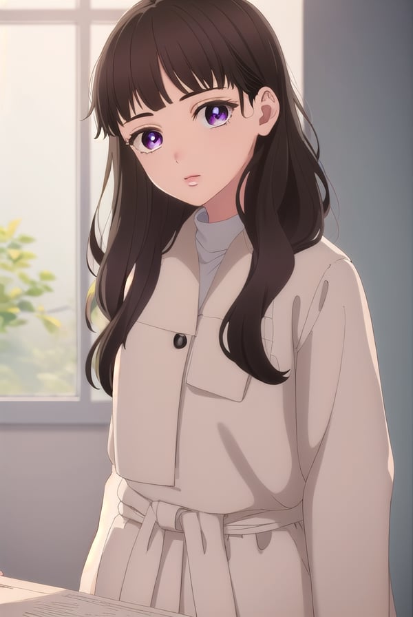 emmanakazono, <lora:emma nakazono-alpha-lora-nochekaiser:1>,emma nakazono, long hair, bangs, brown hair, black hair, (purple eyes:1.1), blunt bangs, wavy hair,BREAK jacket, sweater, lips, red shirt,BREAK indoors,BREAK looking at viewer, (cowboy shot:1.5),BREAK <lyco:GoodHands-beta2:1>, (masterpiece:1.2), best quality, high resolution, unity 8k wallpaper, (illustration:0.8), (beautiful detailed eyes:1.6), extremely detailed face, perfect lighting, extremely detailed CG, (perfect hands, perfect anatomy),