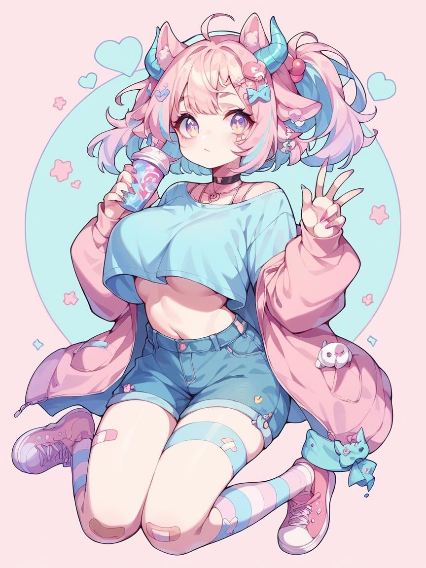 score_9, score_8_up, score_7_up, score_6_up,  <lora:p4st3lg0r3XLP:1> p4st3lg0r3, 1girl, pastel,animal ears, bandaid, hair ornament, horns, full body, large breasts, curvy, 