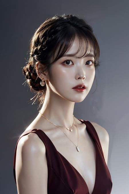 Best quality, masterpiece, ultra high res, (photorealistic:1.4), raw photo,1girl, solo, realistic, (looking at viewer:1.2), upper body,simple gray background, formal red dress, <lora:makina69_iu_v2.0:1>, updo hair, necklace, earrings, bright lights,