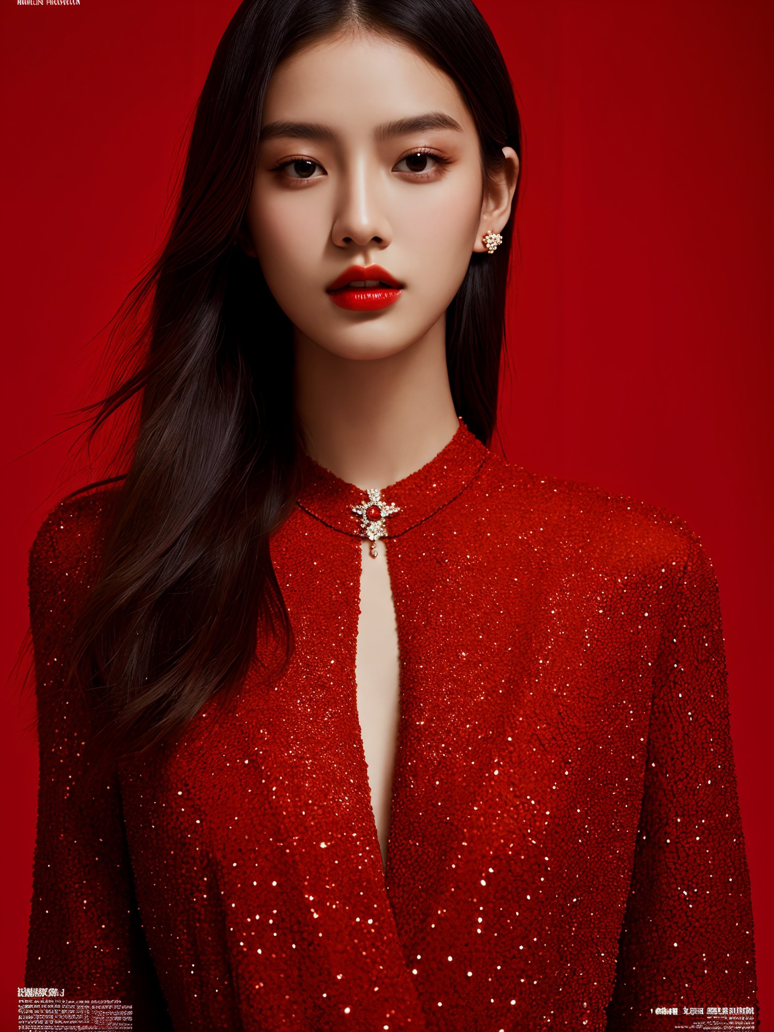 high quality,masterpiece,professional photography,perfect lighting,fashionista,fashion magazines,id magazine,supermodel,Jewelry,luxury goods,fashion magazine,edition,by Jay Huang,red theme, texture skin