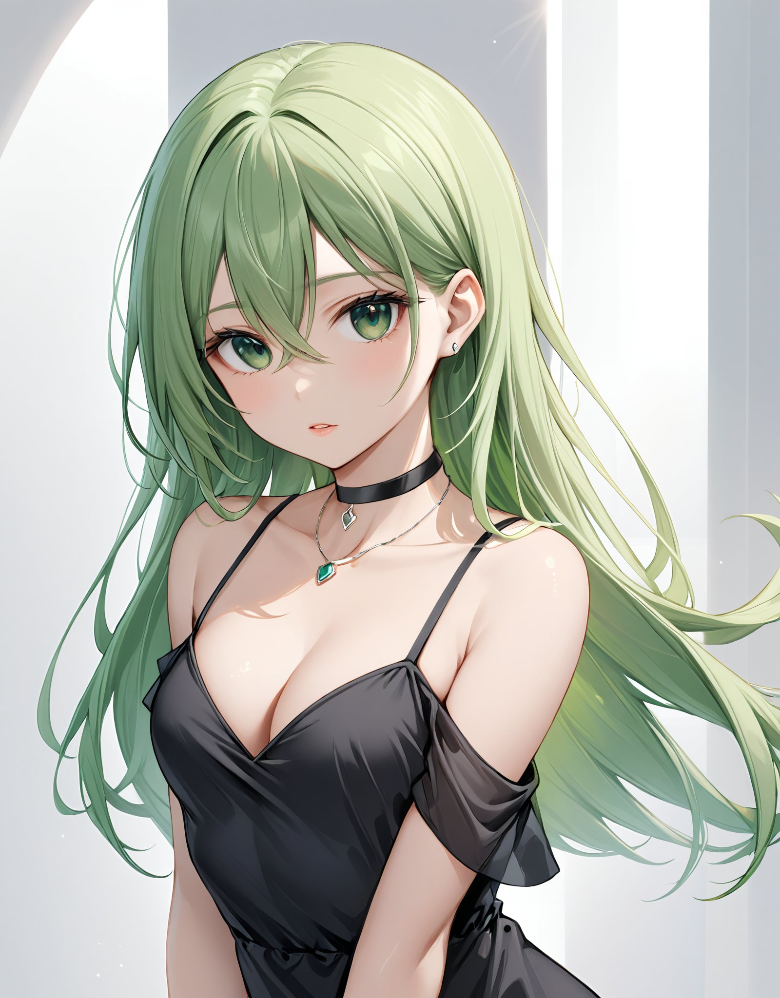 highres,best quality, 1girl, bare shoulders, black choker, black dress, breasts, camisole, choker, cleavage, dress, green eyes, green hair, hair between eyes, holding, jewelry, long hair, looking at viewer, necklace, off shoulder, off-shoulder dress, parted lips, sleeveless, sleeveless dress, small breasts, solo, straight hair