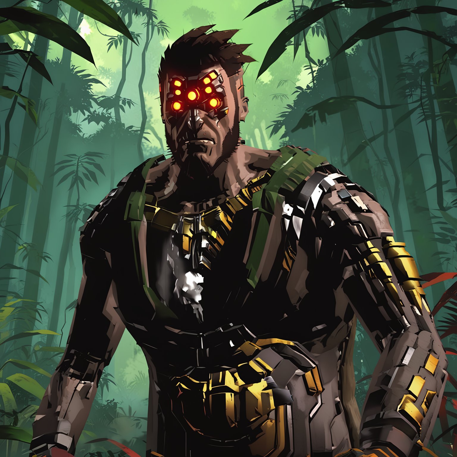 high quality, xl_cpscavred, vidgame05_xl, robot, 1male, beard, messy hair, tribal clothes, fur, in the jungle, forest, angry, rage <lora:CyberpunkMask-08:1>, <lora:vidgame_xl:0.85>