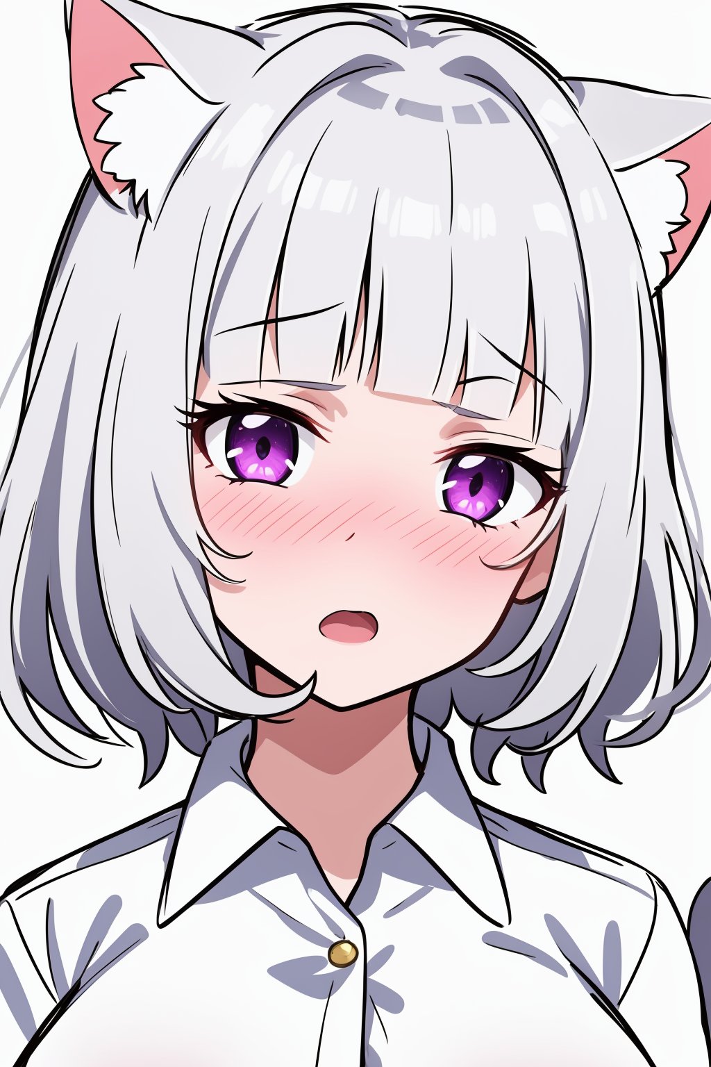 1girl, solo,short hair, wavy hair, silver hair, blunt bangs, cat ears, cat tail, purple eyes, large breasts, white shirt, collared shirt, button gap, head tilt, nose blush, surprised, open mouth, portrait, white background, simple background, sketch,masterpiece, best quality,