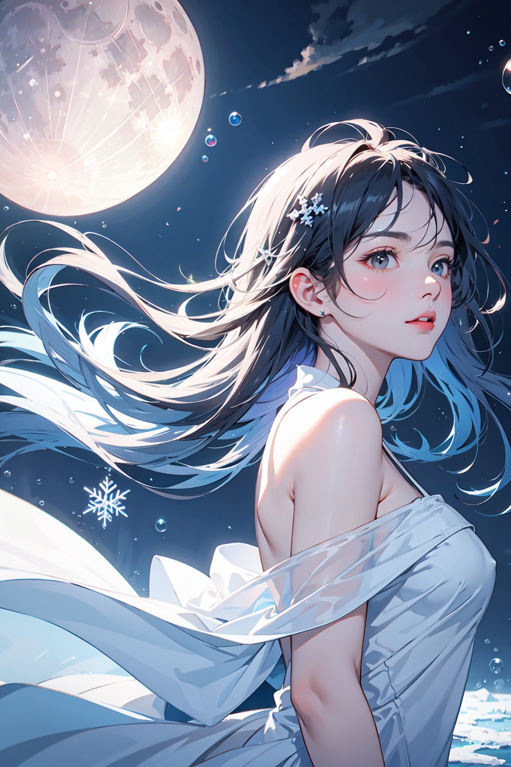 1girl,((colorful bubble)),(floating),detailed light,beautiful detailed glow,detailed ice,beautiful detailed water,(cold full moon),snowflake,(floating cloud:1.2),bare shoulders,