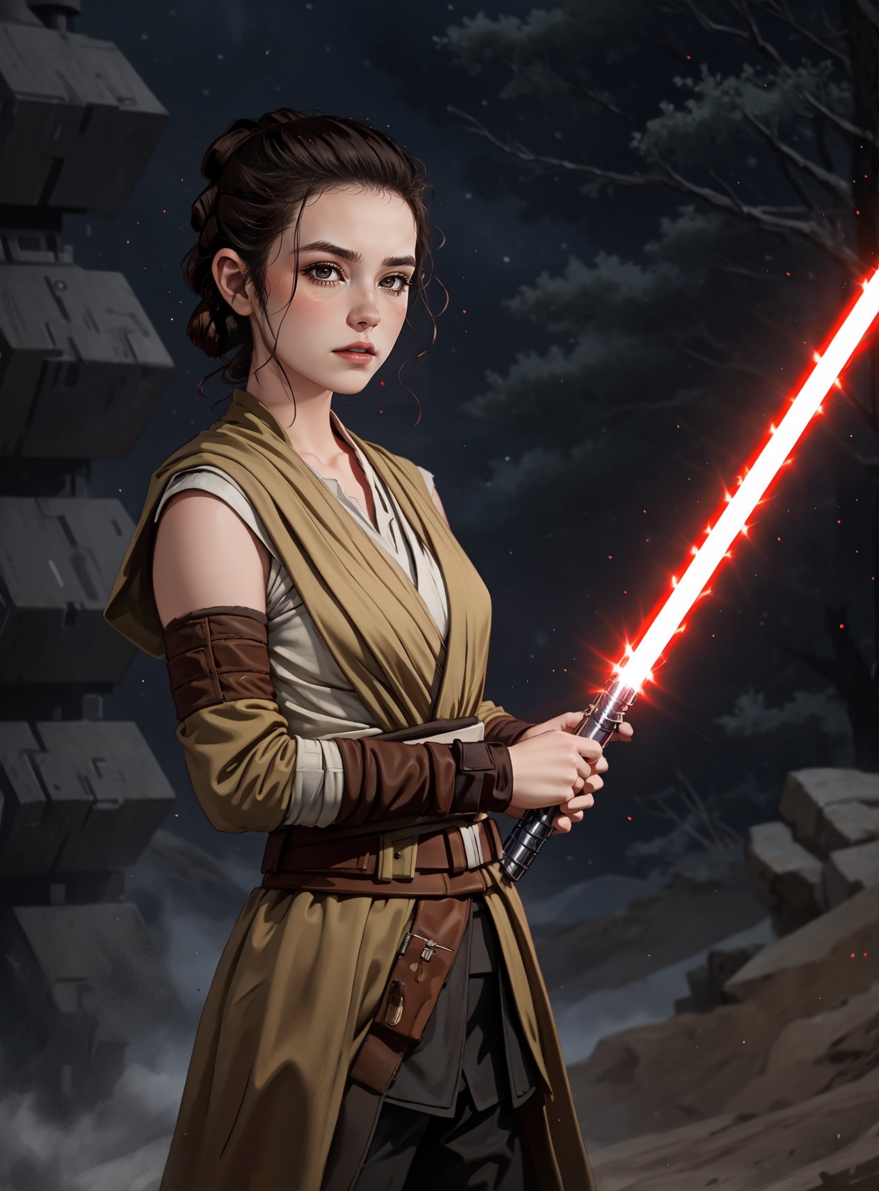 <lora:Rey:.5>, Rey, cowboy shot, solo, 1girl, masterpiece, cinematic, yellow long lightsaber,  