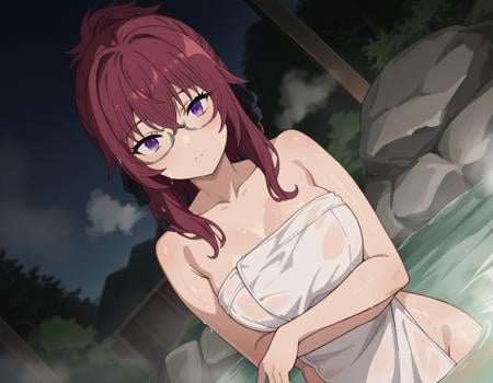 score_9, score_8_up, score_7_up, source_anime,lilyagreyrat, <lora:lilya-greyrat-s1-ponyxl-lora-nochekaiser:1>,lilya greyrat, purple eyes, red hair, glasses,nude, naked, outdoors, onsen, towel, naked towel, steam, bathing, nude cover, partially submerged, water, bath, steam censor, wet towel,looking at viewer, dutch angle, cowboy shot,