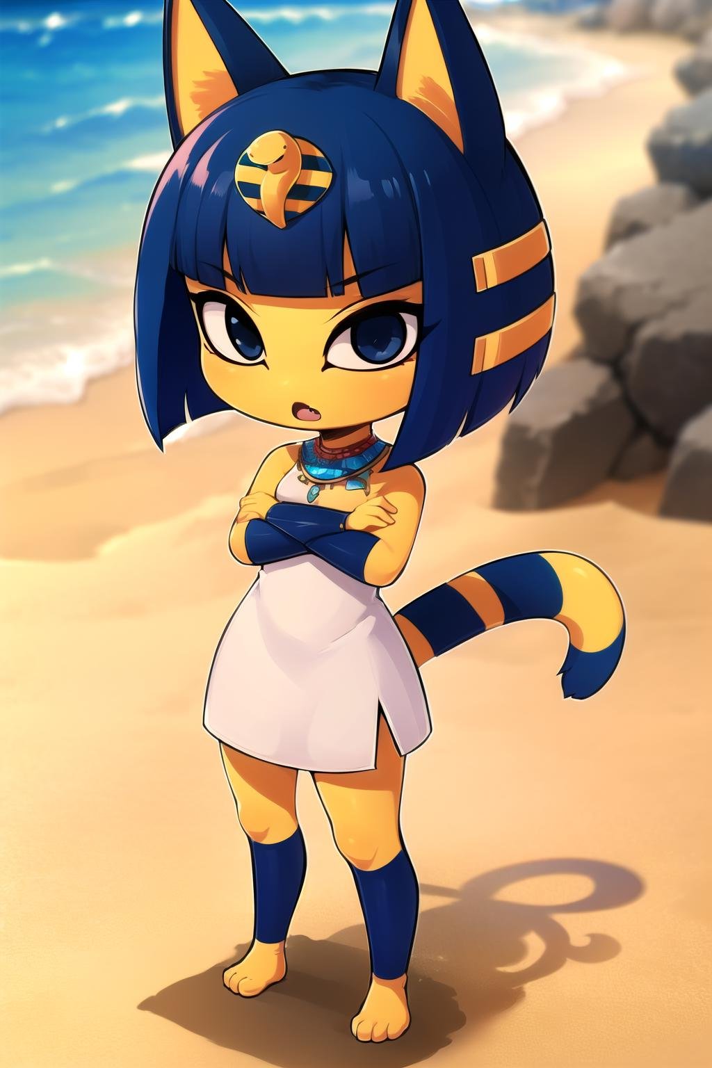 absurdres, highres, ultra detailed, <lora:AnkhaaaV1.3-000012:0.8>, ankha, chibi, solo, catgirl, striped tail, petite, blue hair, hair ornament, yellow skin, black eyes, eyeliner, eyeshadow, white dress, standing, crossed arms, legs apart, looking at viewer, glaring, open mouth, fang, outdoors, sand, egyptian