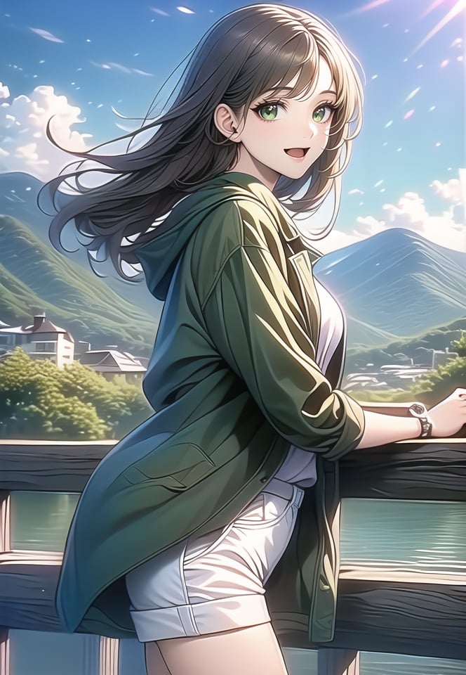 (best quality), ((masterpiece)), (highres), illustration, original, extremely detailed,1girl, outdoors, solo, long hair, green eyes, shorts, sky, smile, railing, white shorts, green jacket, day, looking at viewer, blue sky, open mouth, brown hair, watch, white shirt, shirt, cloud, ocean, open clothes, wristwatch, green coat, jacket, bangs, bridge, against railing, mountain, cityscape, cowboy shot, mountainous horizon, standing, building