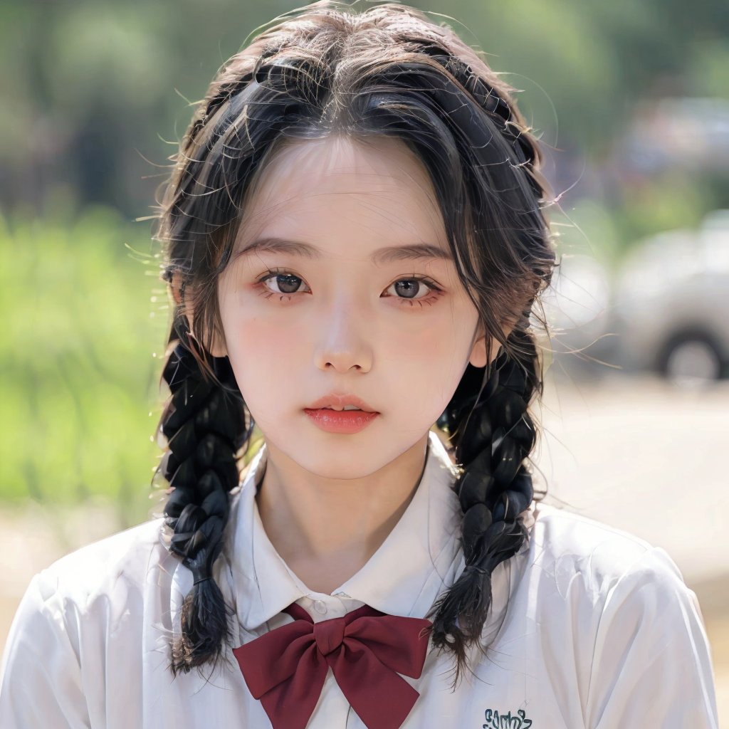 1girl,solo,twin braids,big eyes,lips,blush,white shirt,looking at viewer,<lora:youmi（0.814）:0.8>,