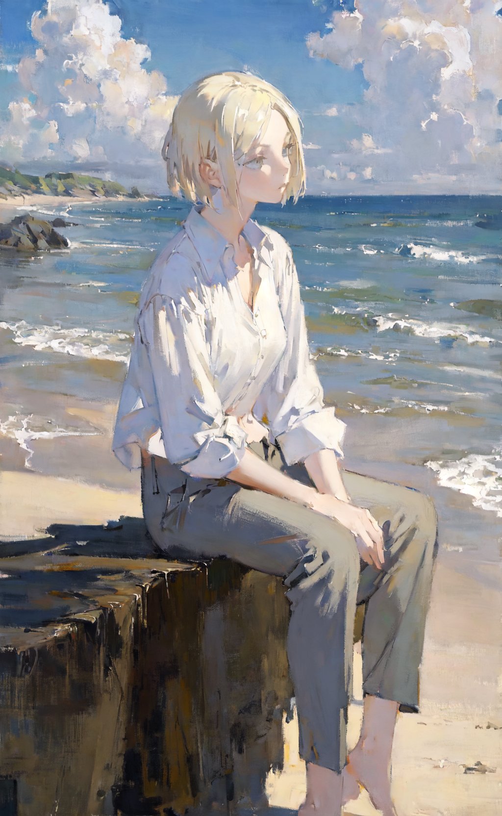 masterpiece, best quality, beautiful oil painting illustration, 1girl, short platinum blonde hair, shirt, trousers, relaxing at the side of a beach, cloudy sky