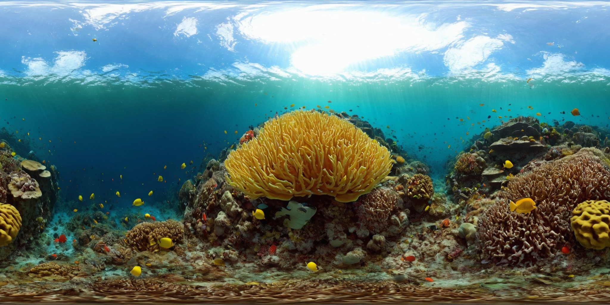 360panorama,<lora:HMSG360海底世界XL-000005:1>,<lora:光影XL:1>,Underwater world,Swimming fish,Coral reef exploration,Deep sea,Sunlight filtering through water,No specific artist,Photo-realistic,Fantasy,Digital painting,Nature scene,Vibrant marine colors,High-definition rendering,4K,High detail,