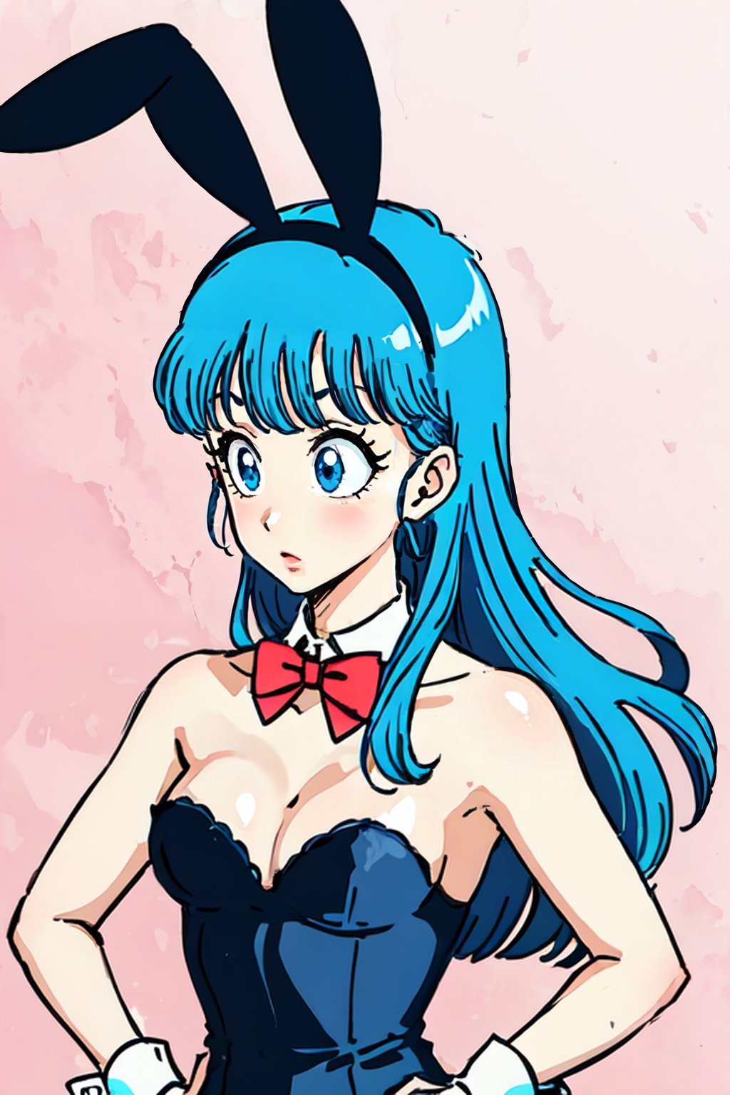 <lora:retrobulma:0.9> cowboy shot,  retrobulma 1girl,solo,long hair,breasts,bangs,blue eyes,bow,animal ears,cleavage,bare shoulders,jewelry,medium breasts,blue hair,tail,upper body,pantyhose,earrings,parted lips,blunt bangs,bowtie,rabbit ears,red bow,leotard,lips,gradient,hand on hip,looking to the side,wrist cuffs,gradient background,eyelashes,strapless,makeup,detached collar,fake animal ears,playboy bunny,lipstick,rabbit tail,red bowtie,black leotard,straight hair,strapless leotard,bulma