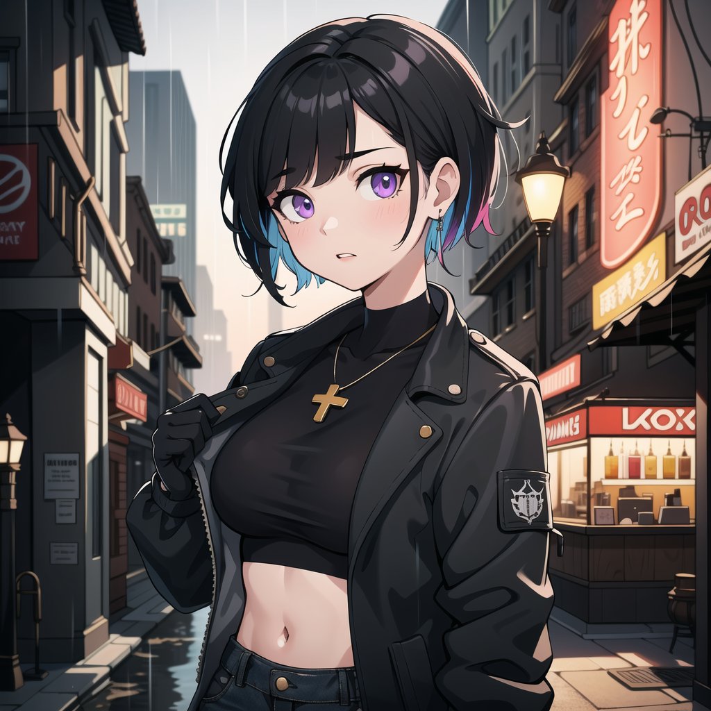 ((masterpiece, best quality, extremely detailed), volumetric lighting, ambient occlusion, colorful, glowing, expressive eyes),

1girl, (asian girl), short hair, black hair, cross earrings, purple pop jacket, pink top, exposed waist, black jeans, gloves without fingers,
outdoors, night, rain, city, (antique buildings), 
(punk), (dystopian city),

upper body, close up, portrait,