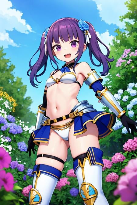 1girl, ichijou ayaka, noble galerus, small breasts, white legwear, black collar, thigh strap, blue skirt, blue hair flower, smile, hair ornament, twintails, gauntlets, navel, open mouth, white bikini, bikini armor, black gloves, blue neck bow, sidelocks, armored boots, fantasy, outdoors, flower field, standing, from below <lora:fingers4civitai:1:1:lbw=OUTALL> <lora:ichijou_ayaka_locon_v1:0.7>