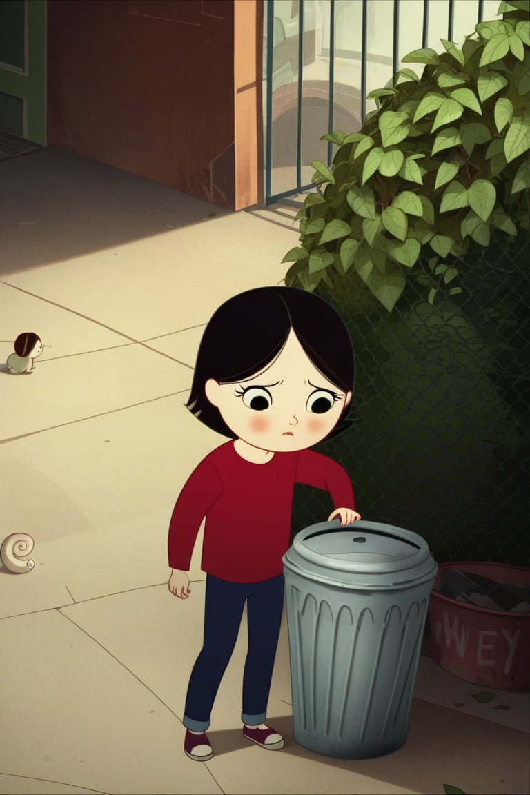 score_9, score_8_up, score_7_up,SongofTheSeaSaoirse, SeaOfTheSea_Studio_Saloon_Style, plant, red shirt, young, snail, clothing, short hair, hi res, alley, child, trash can, blush, black hair, female, solo, sad, feral, hair, black eyes, disney, shirt, 1girl, leaf, mammal, human, long sleeves<lora:EMS-444535-EMS:1.000000>