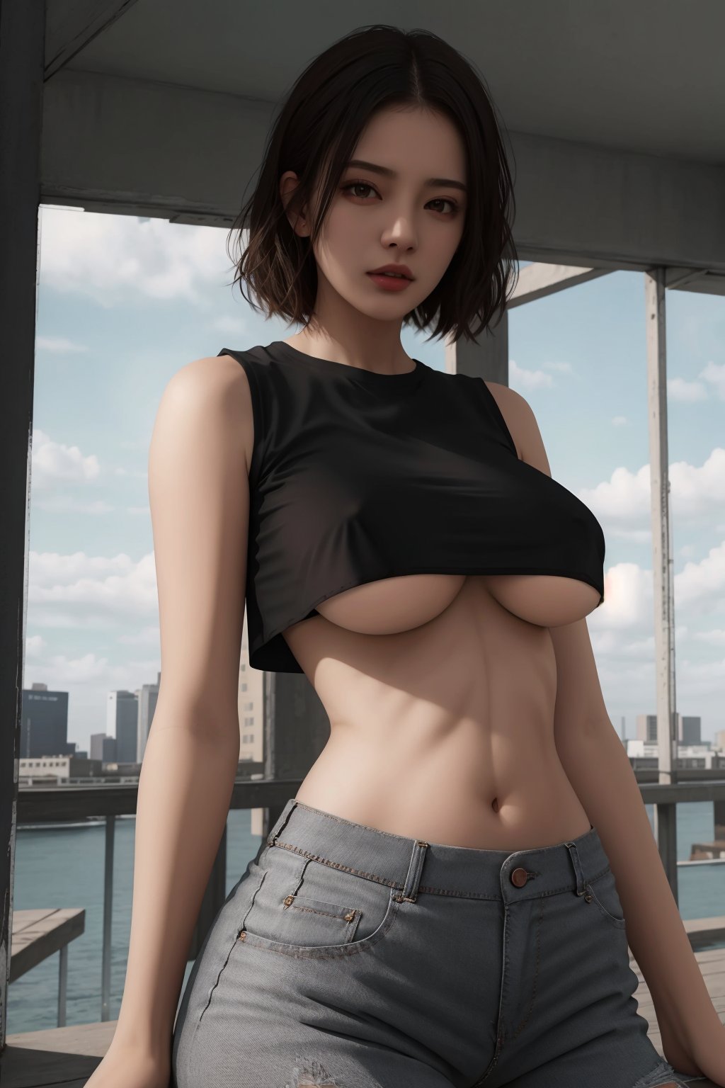 ((best quality)), absurdres, (ultra high res), a mature woman in black crop top, underboob, perfect female body, looking at viewer, realistic, extremely detailed, 8k , masterpiece,  <lora:croptopR:0.85>