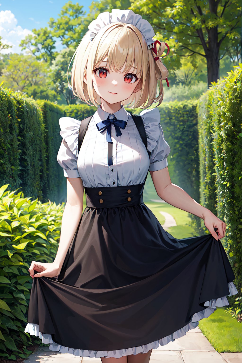 masterpiece, best quality, highres, aachisato, short hair, hair ribbon, <lora:nishikigi_chisato_v1:0.7>, maid, maid headdress, dress, garden, skirt hold,