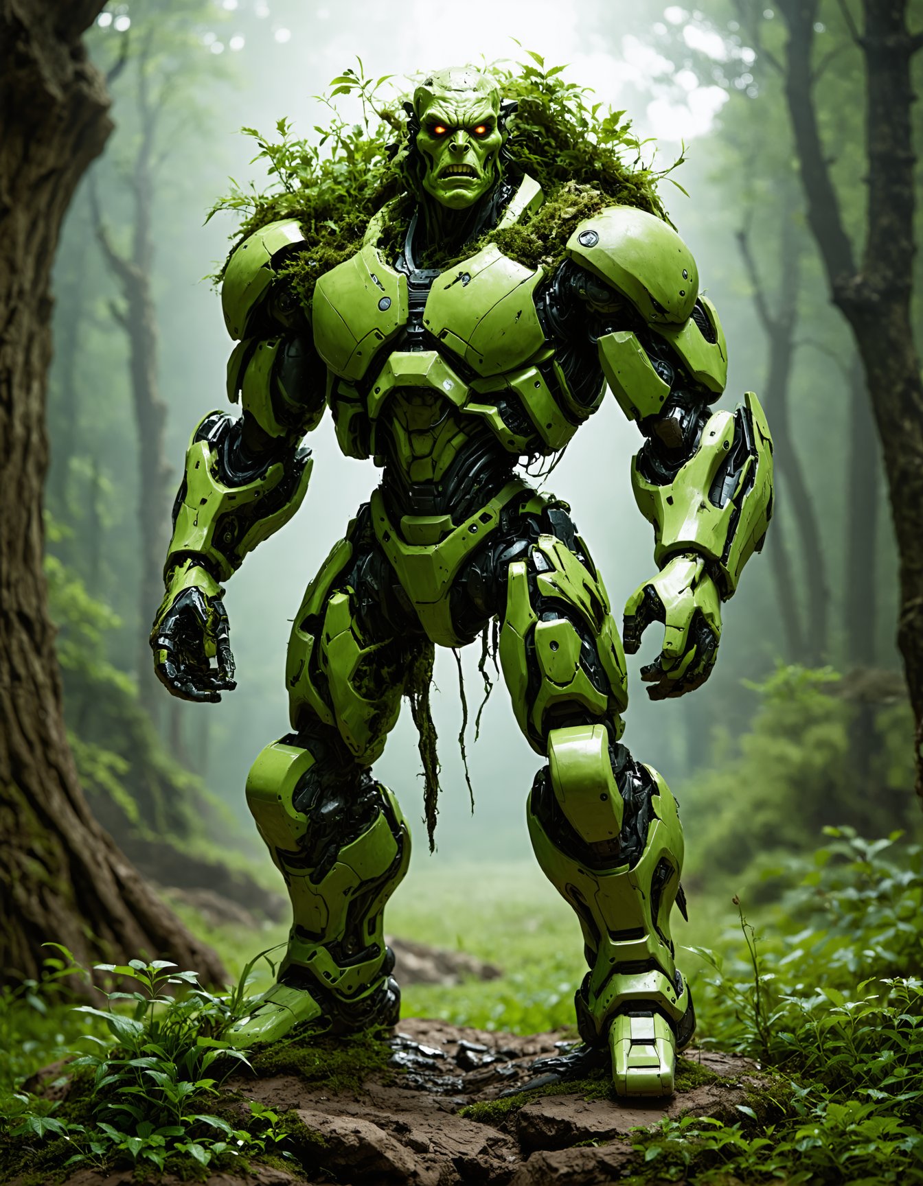 (best quality, 4K, 8K, high-resolution, masterpiece), ultra-detailed, realistic, photorealistic, cybernetic green humanoid creature, muscular build, robotic enhancements, overgrown with plants, biomechanical design, rugged texture, intense expression, standing on a rocky platform, lush green background, post-apocalyptic setting, detailed machinery, high detail, high resolution, 1creature, cybernetic, muscular, green, biomechanical, overgrown., Ultimate Realism - High Detail Enhancement.safetensors