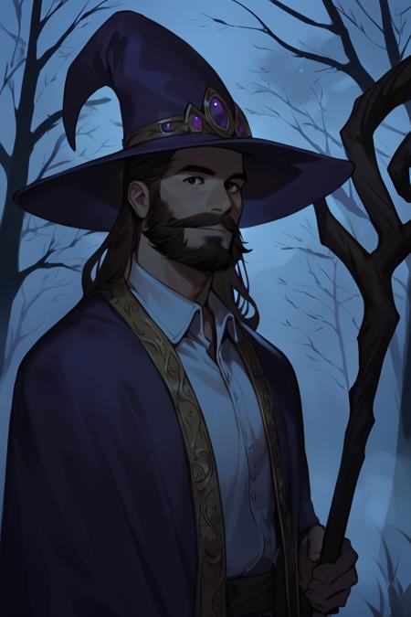 score_9, score_8_up, score_7_up, rating_safe, dark theme, low light, 1boy, solo, male focus, mature male, wizard, long hair, brown hair, black eyes, looking at viewer, hat, facial hair, beard, mustache, staff, wizard hat, purple hat, shirt, collared shirt, robe, purple robe, cloak, holding, holding staff, upper body, standing, outdoors, forest, nature, tree, fog, dark background <lora:Smooth Anime Night Style SDXL_LoRA_Pony Diffusion V6 XL:1>