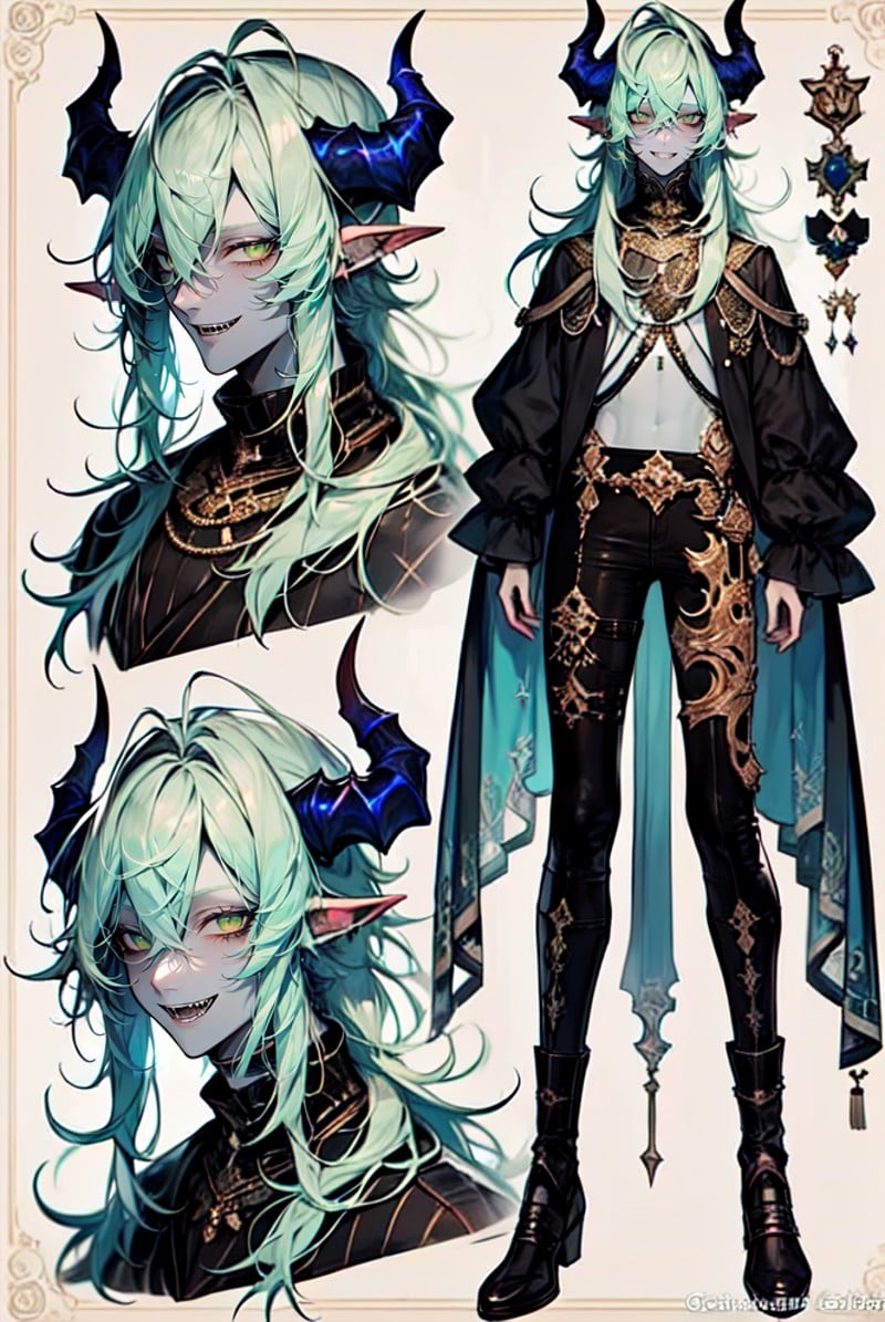 nijiref, reference sheet, 1boy, grey skin, horns, green eyes, long hair, grin, teeth, demon horns, midriff, long sleeves, <lora:Niji_ref_sheet:1>