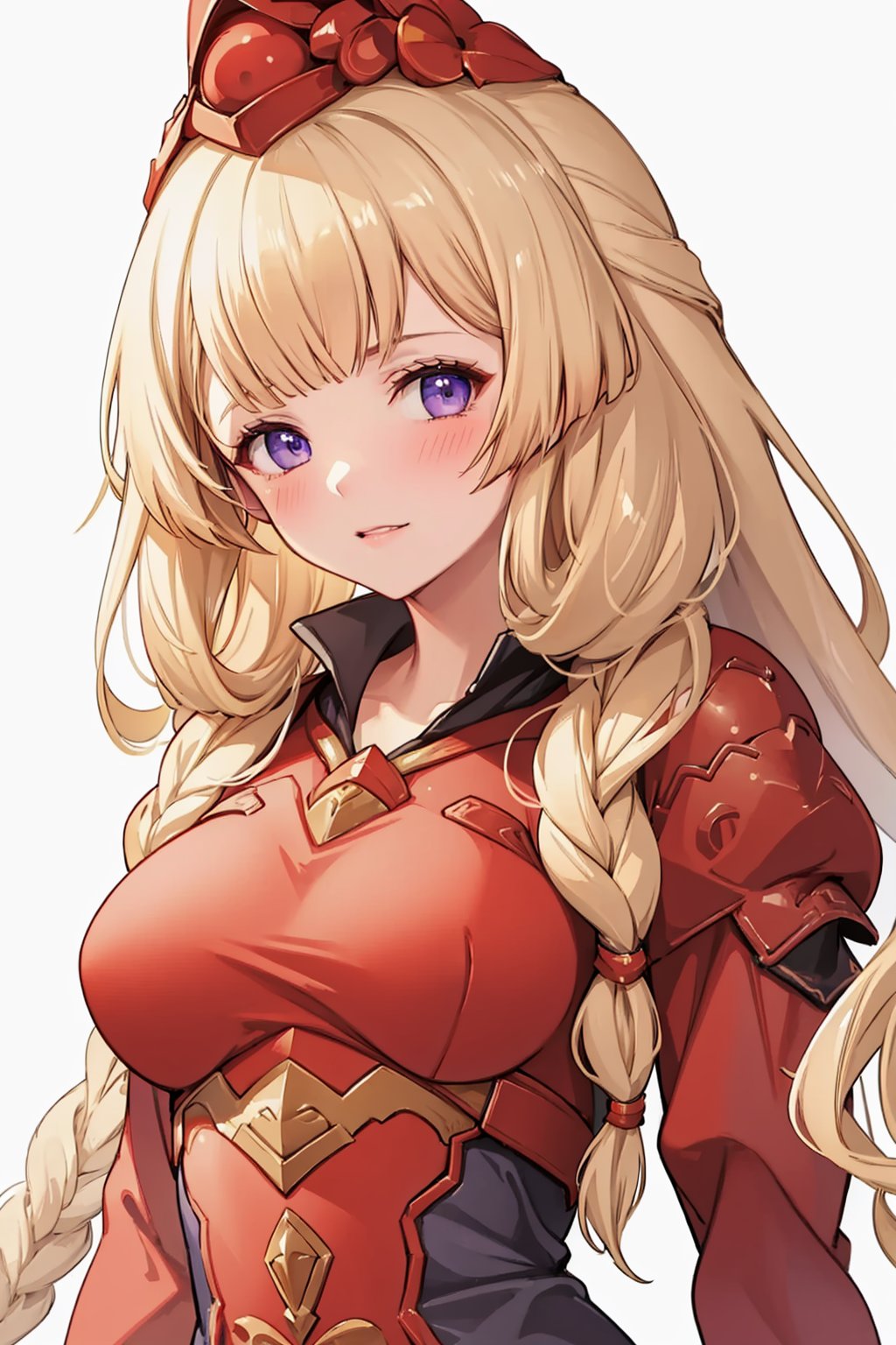 masterpiece,best quality, highly detailed, athena (granblue fantasy),1girl,solo,looking at viewer,twin braids,large breasts,blush,<lora:athena_(granblue_fantasy):1>,simple background,white background