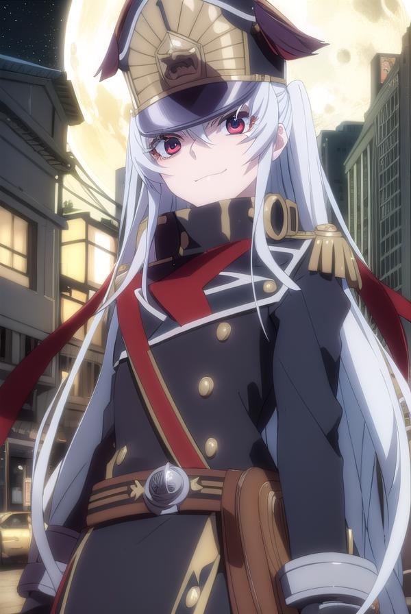 recreatorsaltair, <lora:recreators altair s1-lora-nochekaiser:1>, altair, long hair, (red eyes:1.3), very long hair, white hair, smile, grin,BREAK gloves, hat, uniform, military, military uniform, shako cap,BREAK outdoor, city, night, sky, buildings, moon, clouds,BREAK looking at viewer, (cowboy shot:1.5),BREAK <lyco:GoodHands-beta2:1>, (masterpiece:1.2), best quality, high resolution, unity 8k wallpaper, (illustration:0.8), (beautiful detailed eyes:1.6), extremely detailed face, perfect lighting, extremely detailed CG, (perfect hands, perfect anatomy),