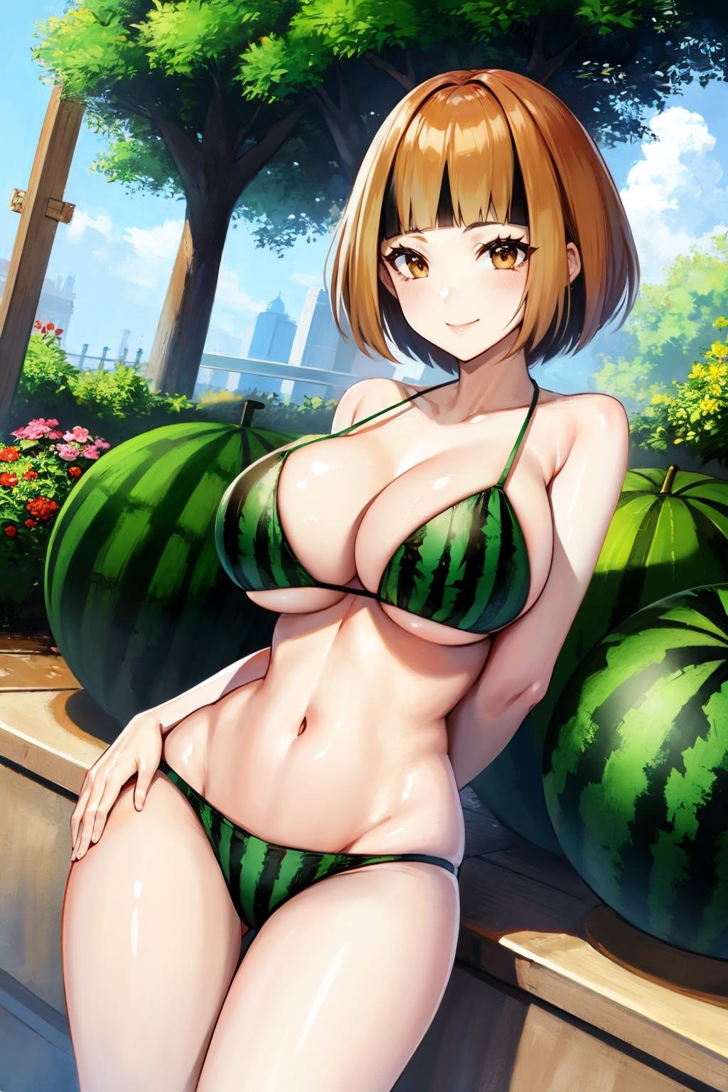 masterpiece, best quality,  <lora:gardenia-nvwls-v1-000008:1> natane, multicolored hair,  <lora:attire_watermelonprint-10:1> watermelon print, bikini, large breasts, smile, cowboy shot, thighs, garden