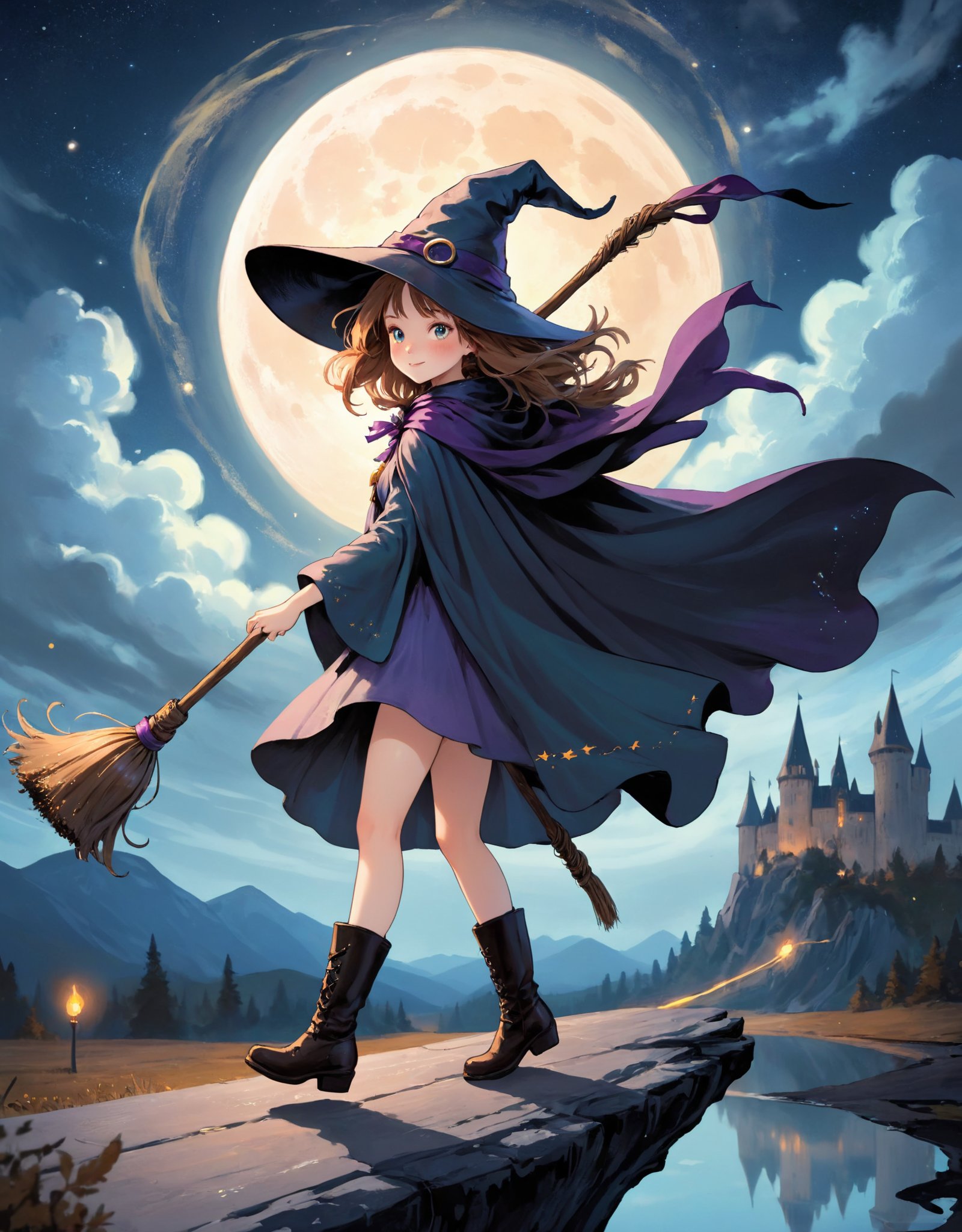 fantasy, flying, broom, night sky, outdoors, magic, spells, moon, stars, clouds, wind, hair, cape, hat, boots, broomstick, glowing, mysterious, enchanting, whimsical, playful, adventurous, freedom, wonder, imagination, determination, skill, speed, movement, energy, realism, naturalistic, figurative, representational, beauty, fantasy culture, mythology, fairy tales, folklore, legends, witches, wizards, magical creatures, fantasy worlds, composition, scale, foreground, middle ground, background, perspective, light, color, texture, detail, beauty, wonder.