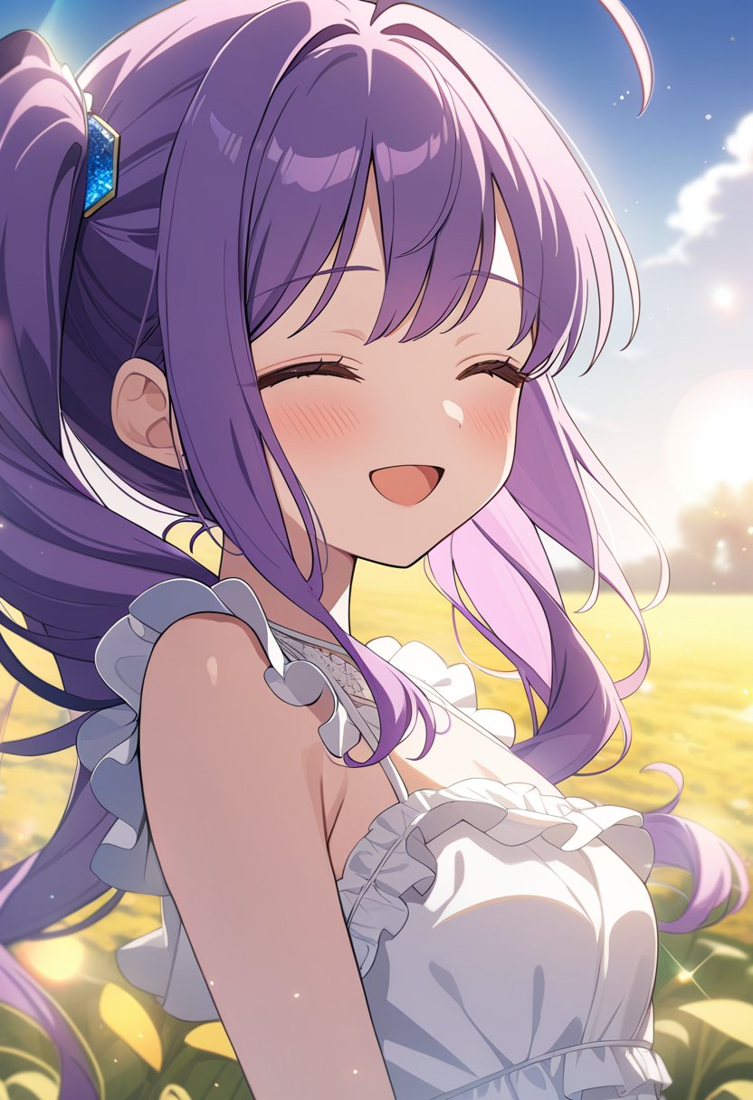 1girl, solo,long hair, purple hair, side ponytail, ahoge, small breasts, white dress, frills, closed eyes, open mouth, smile,field, lens flare, portrait,masterpiece, best quality, very aesthetic, absurdres, anime artwork, anime style, key visual, vibrant, studio anime, highly detailed,