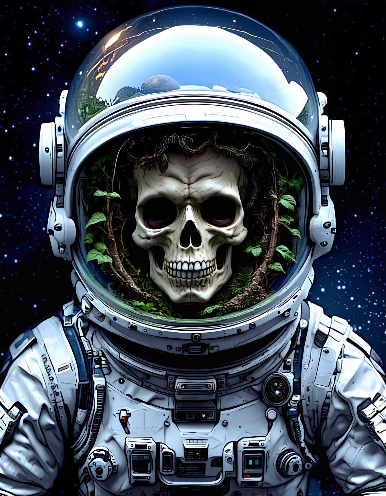 Ultra-detailed, highly realistic, astronaut with skeletal face, intricate textures, and realistic lighting, plants and fungi growing inside the helmet, space suit with detailed fabric and mechanical parts, clear glass helmet with reflections, dark space background with stars, eerie and surreal atmosphere, science fiction, high resolution,