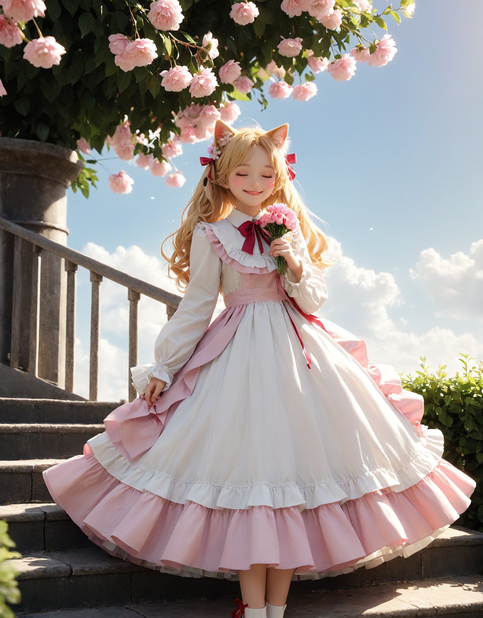 girl, 1girl, animal ear fluff, animal ears, blonde hair, blush, cat ears, cat girl, cat tail, closed eyes, closed mouth, dress, eyes visible through hair, floating hair, flower, frilled dress, frills, full body, hair flower, hair ornament, hand up, holding, holding flower, long hair, long sleeves, looking at viewer, neck ribbon, pink flower, pink ribbon, red ribbon, ribbon, simple background, sidelocks, smile, solo, tail, very long hair, white background, white dress, white flower