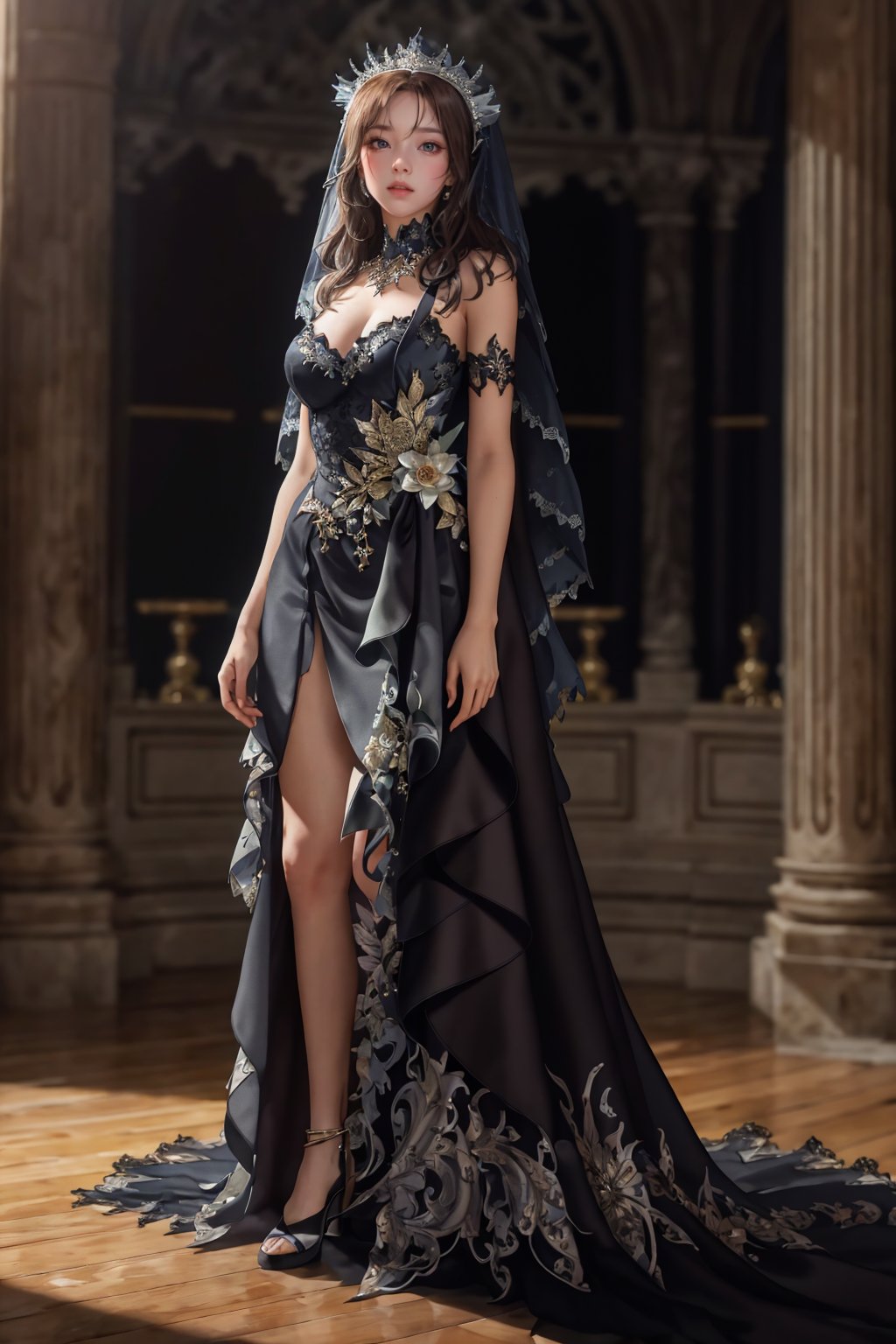 highres,absurdres,masterpiece,best quality,original,extremely detailed CG,extremely detailed wallpaper,perfect lighting,(standing on the stage),blurry background,looking at viewer,<lora:0p3r4:0.7>,0p3r4,dress,veil,